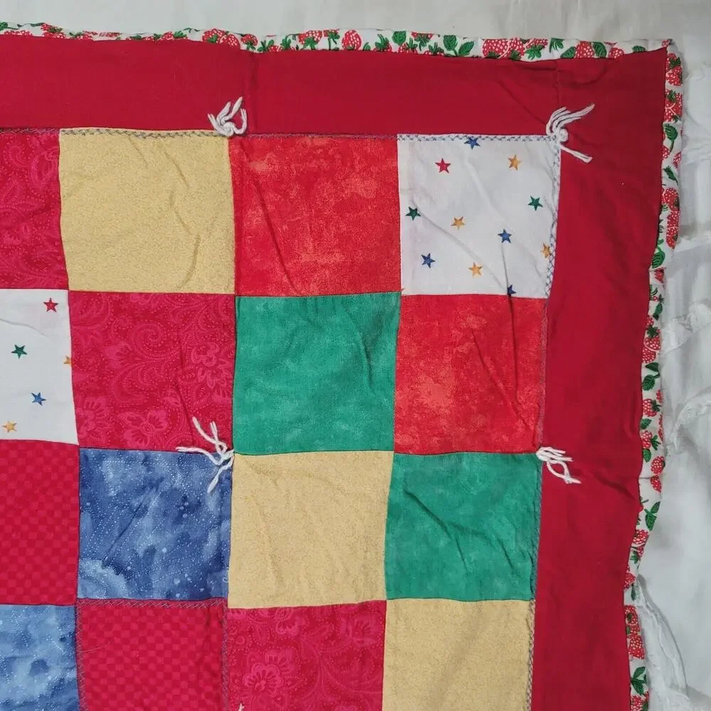 Patchwork Crib Quilt Baby Blanket Floor Play Tummy Time Strawberry Print Back